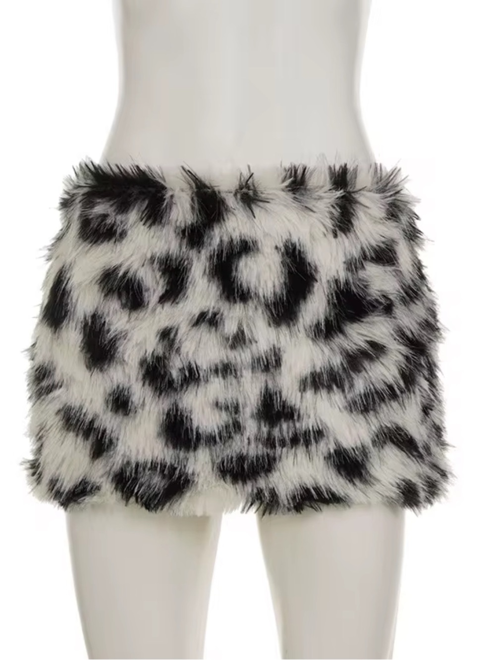 Faux Fur Leopard Print Mini Skirt - Black & White